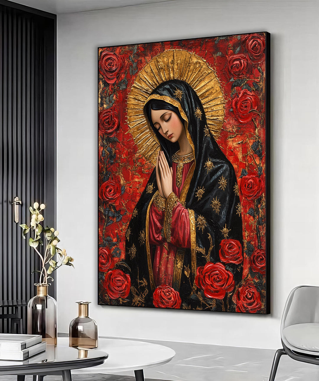 our lady of guadalupe canvas art close-up with vibrant colors