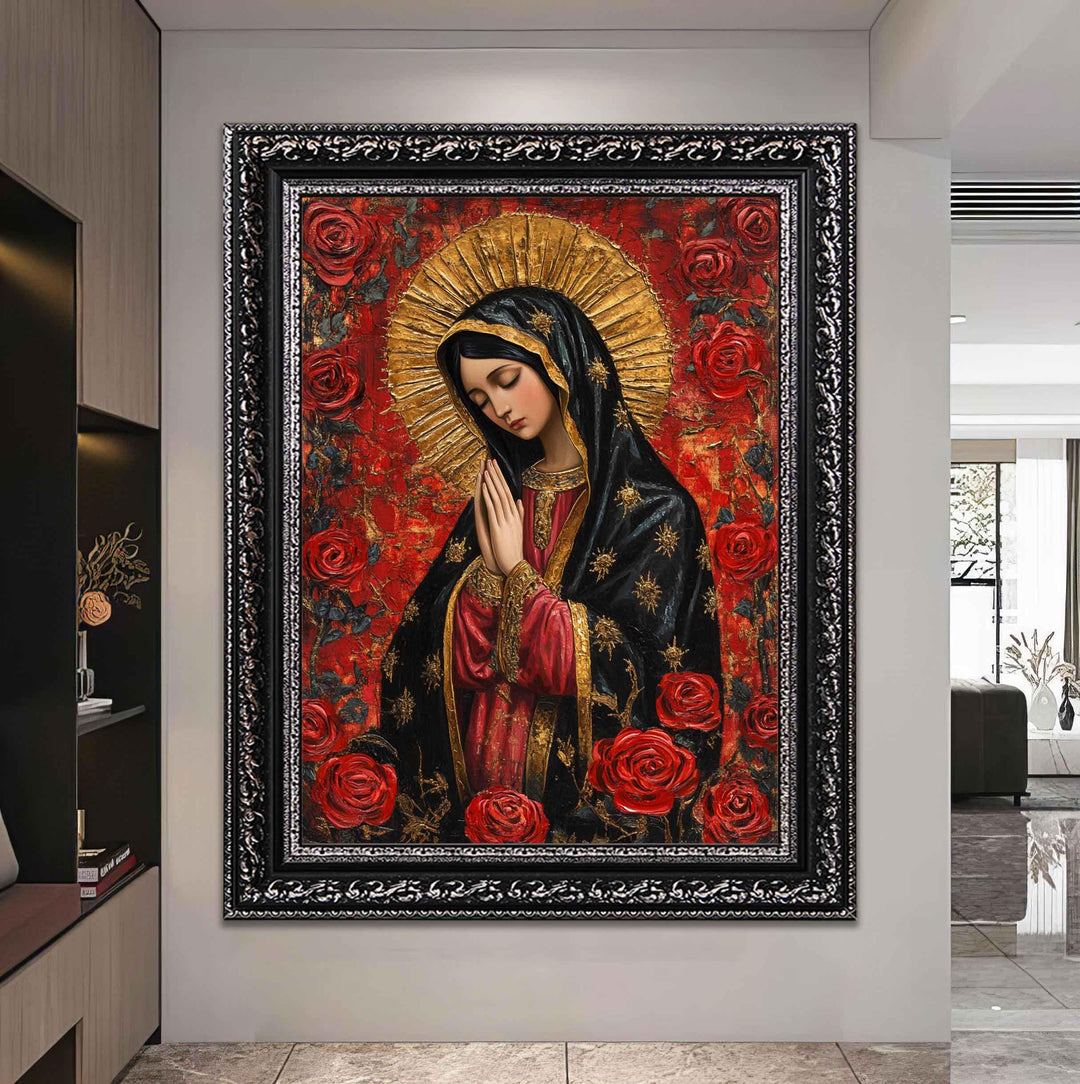 religious wall decor showing our lady of guadalupe in a modern composition