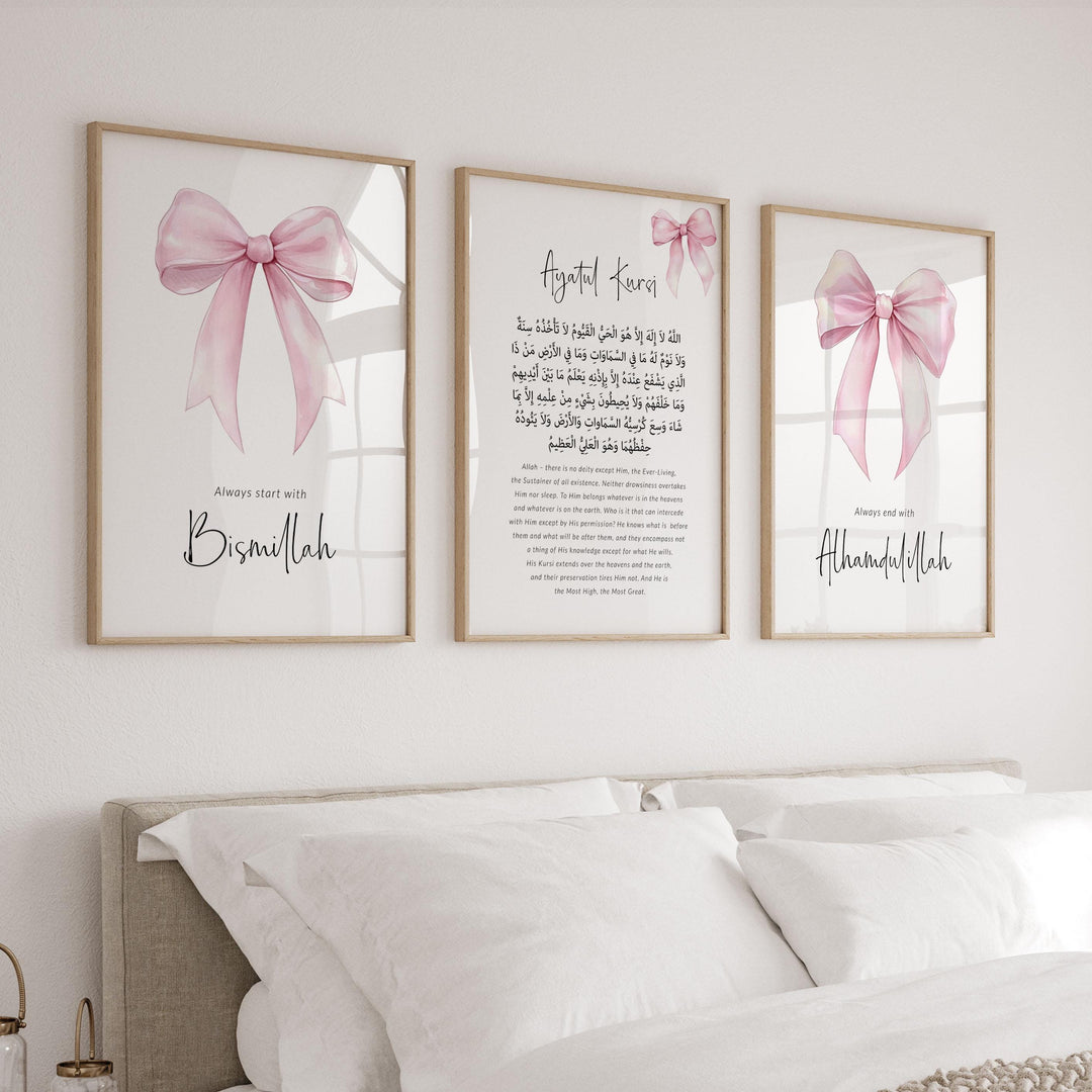 Close-up of pink bow accent on Islamic nursery wall art print