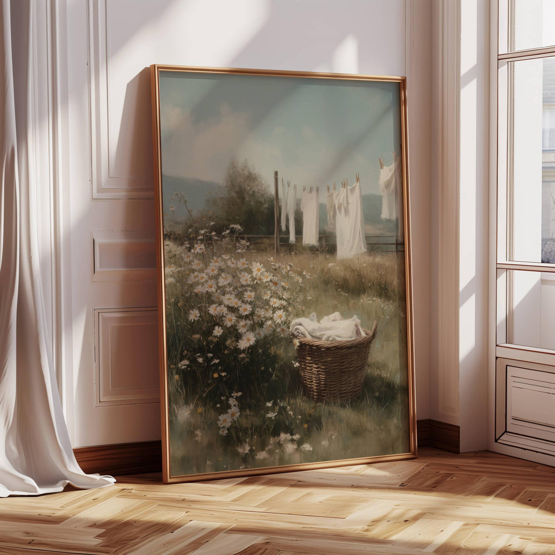 French countryside laundry scene oil painting on canvas - warm farmhouse kitchen mood
