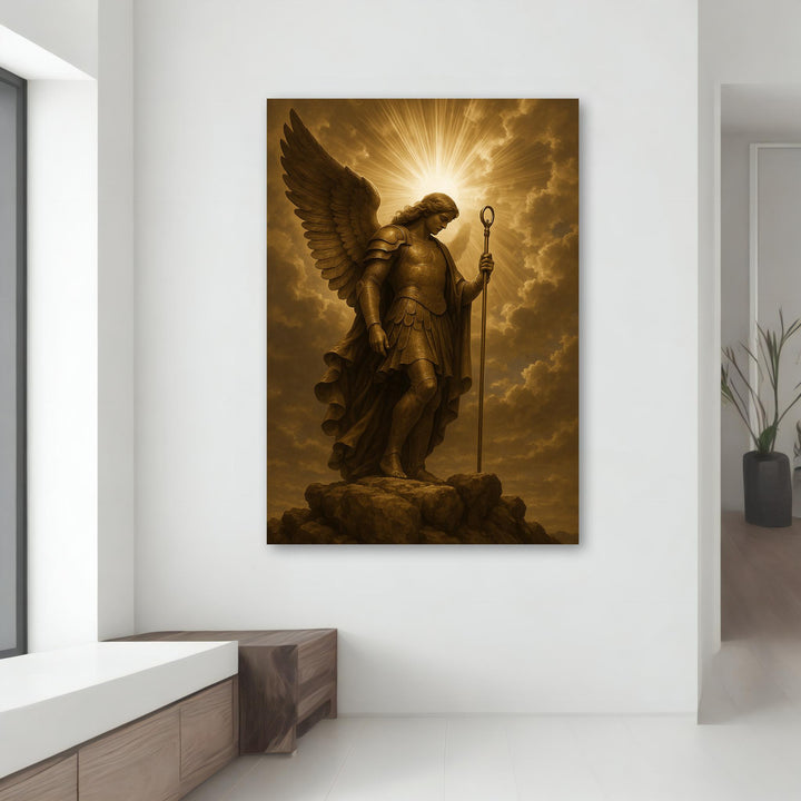 Elegant spiritual wall art showing Archangel Michael with golden glow on canvas