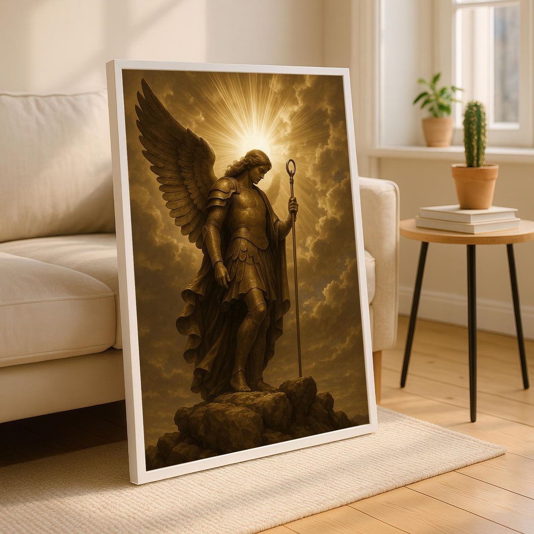 Close-up of Archangel Michael figure with radiant halo on premium canvas