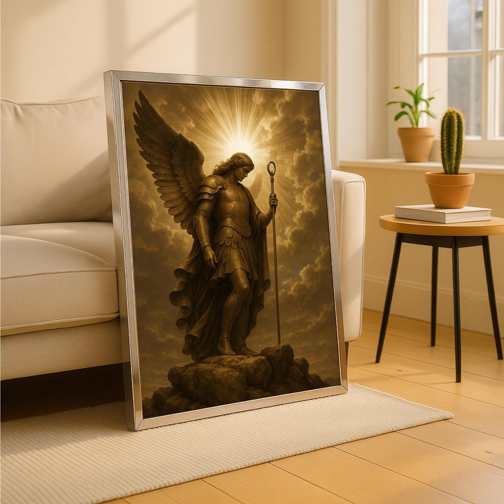 Religious wall art of Archangel Michael as divine warrior on gold-toned background