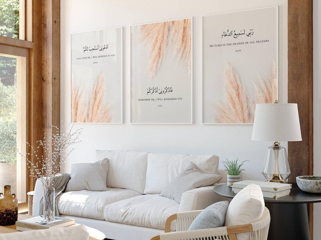 Islamic wall art trio featuring Quran verses in refined typography for home decor
