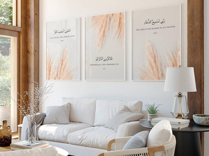 Islamic wall art trio featuring Quran verses in refined typography for home decor