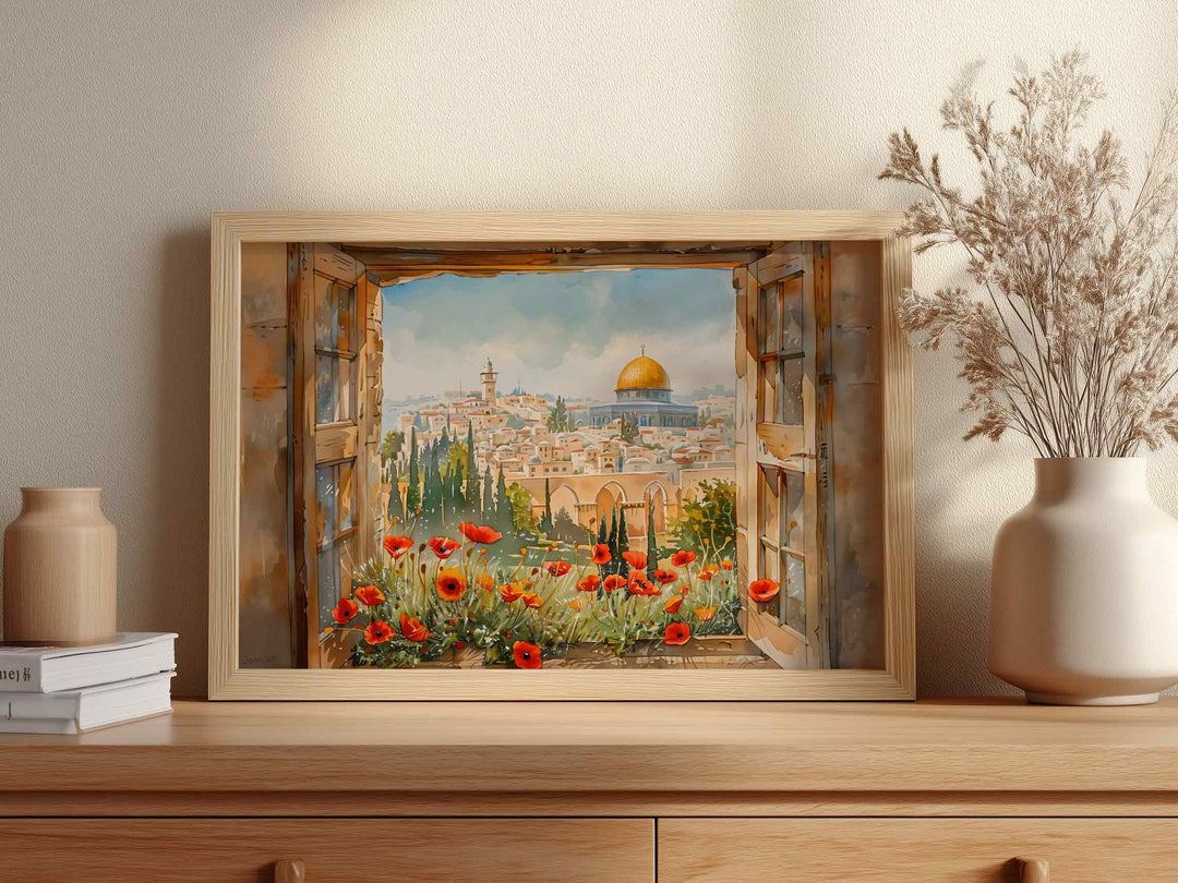 Window view of the Dome of the Rock wall art in warm tones