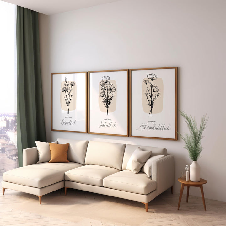 Complete triptych arrangement mounted on gallery wall