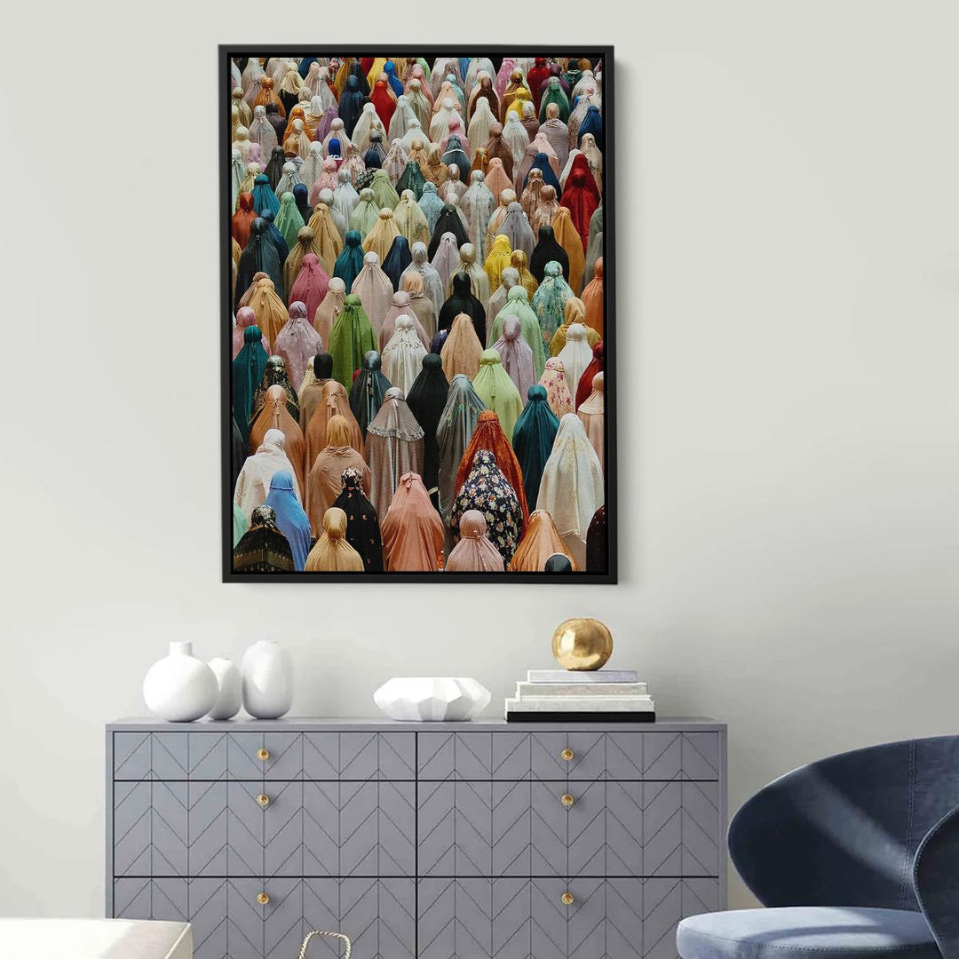 Photographic style Islamic poster with hijab-wearing figures