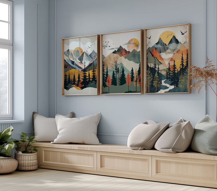 Boy room mountain nursery art print with blue mountains and pine trees