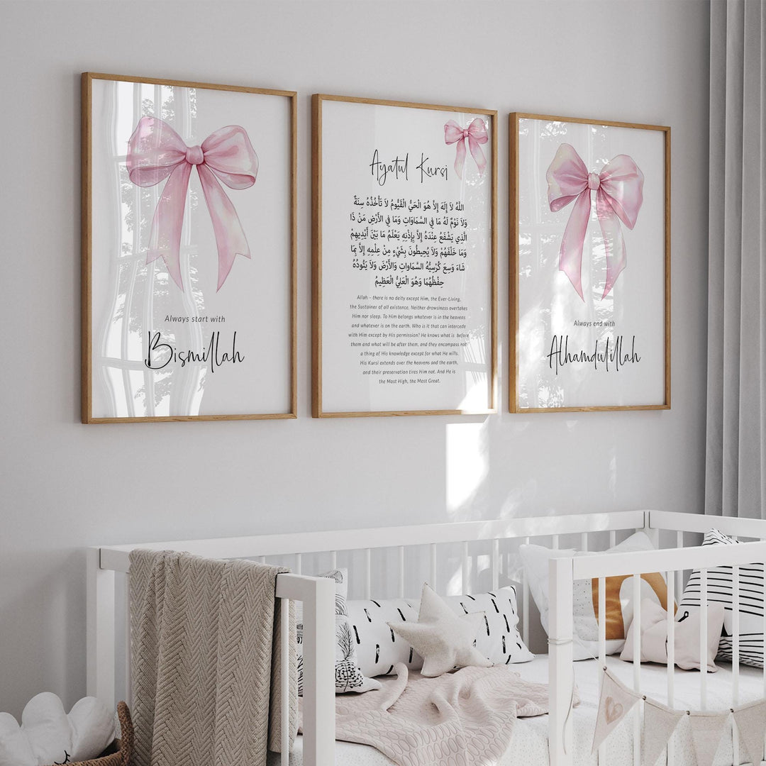 Delicate pink theme with crescent accents in kids' Islamic art