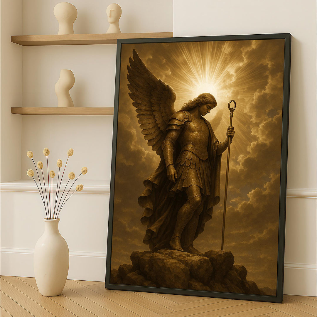 Archangel Michael canvas painting with golden light and staff on dramatic backdrop