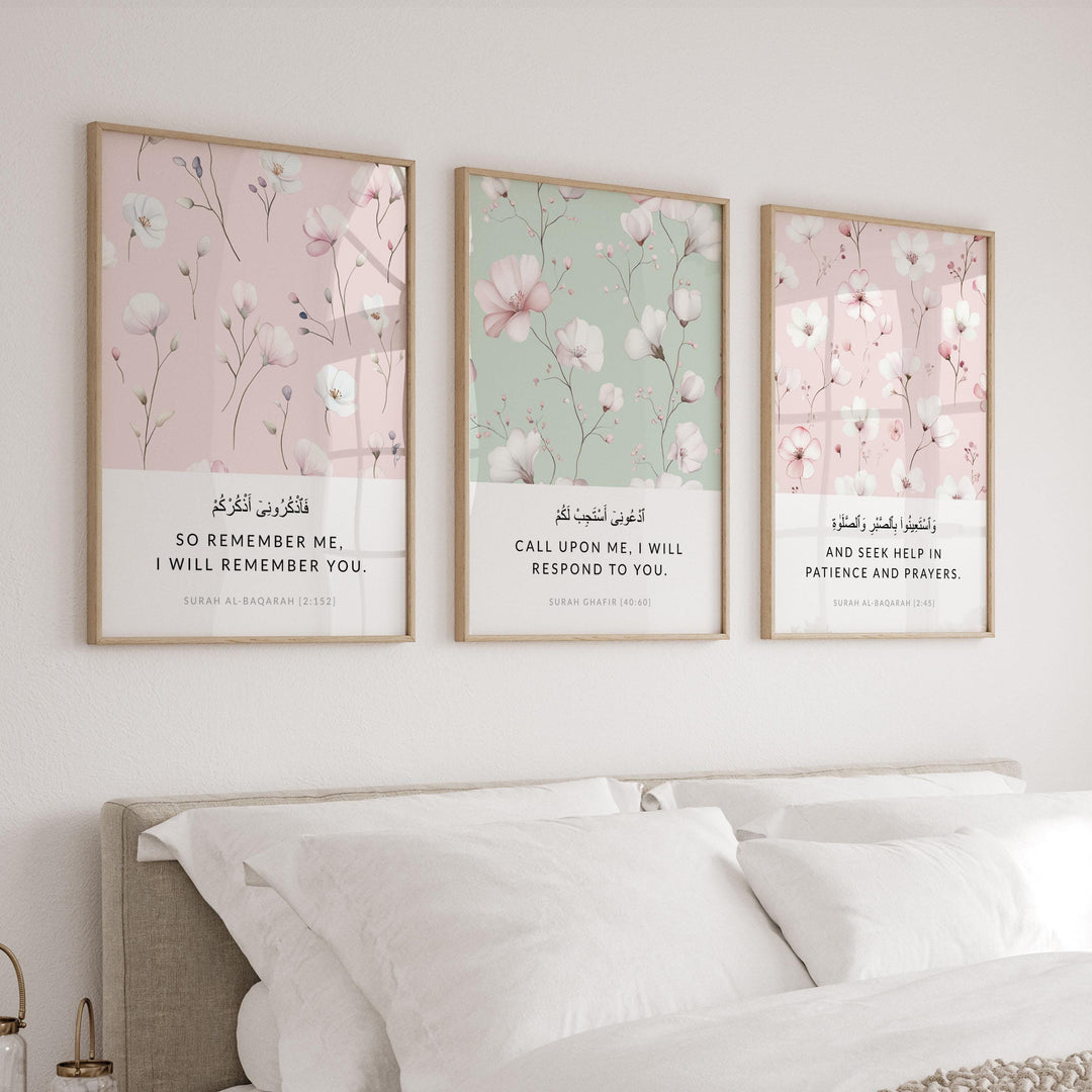 Close-up color detail showing sage green and pink Quran verses