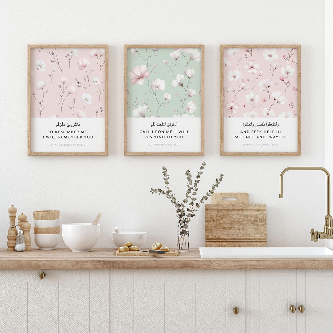 Lifestyle display of the three-piece Islamic wall art arranged on a wall
