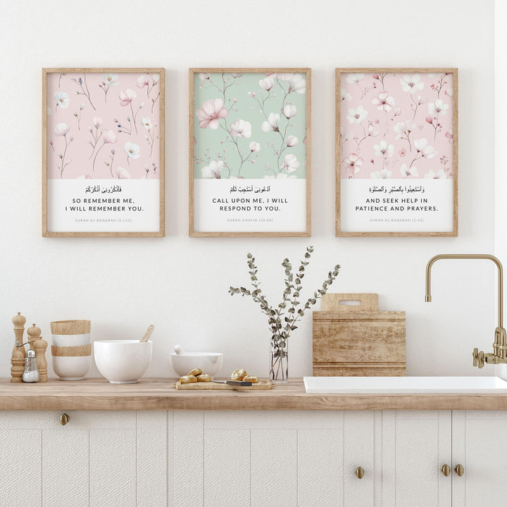Lifestyle display of the three-piece Islamic wall art arranged on a wall