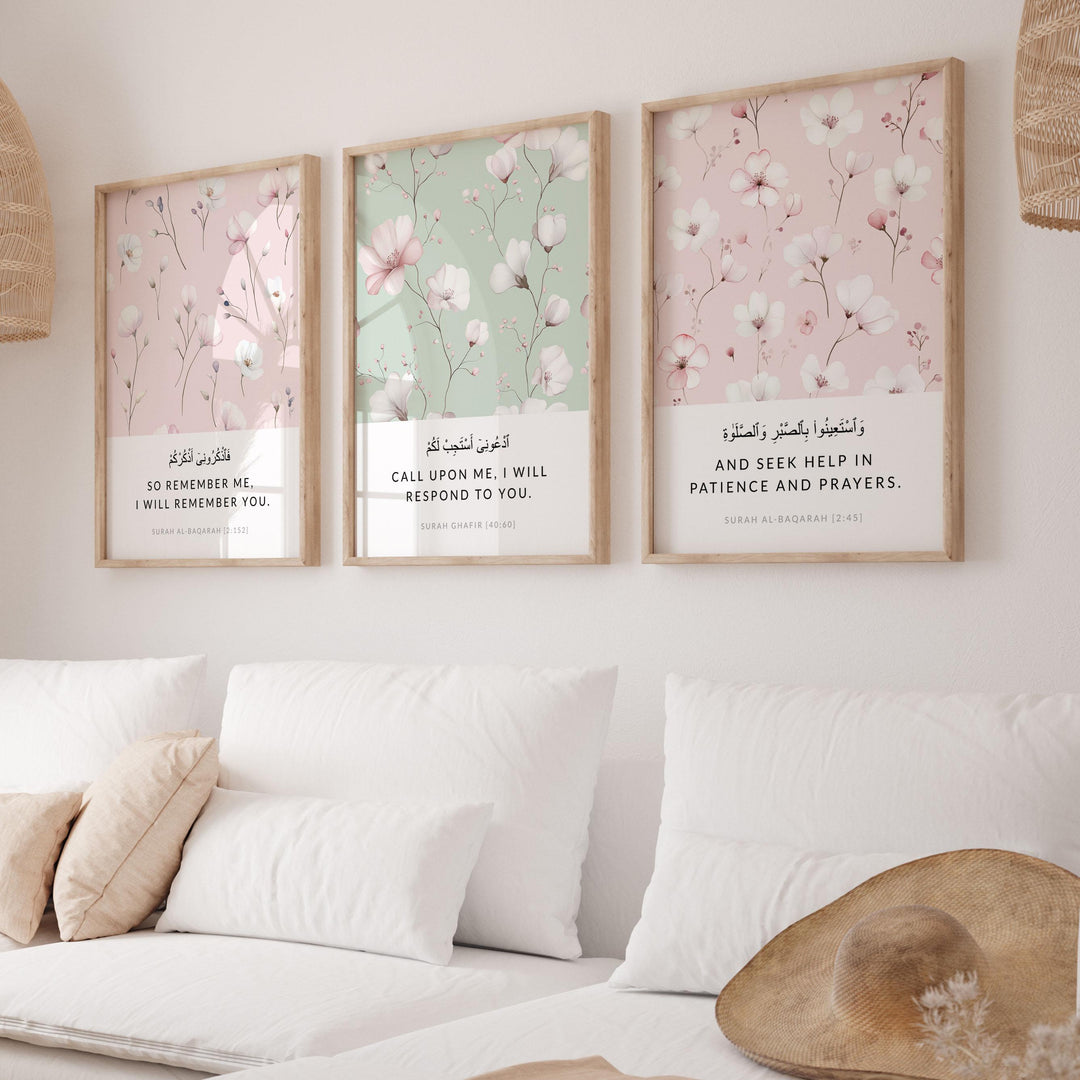 Left panel of Islamic wall art triptych with sage green background and pink Quran verses