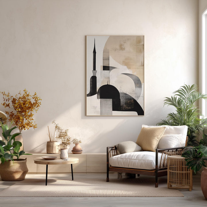 Neutral-toned wall art featuring beige and black mosque motif