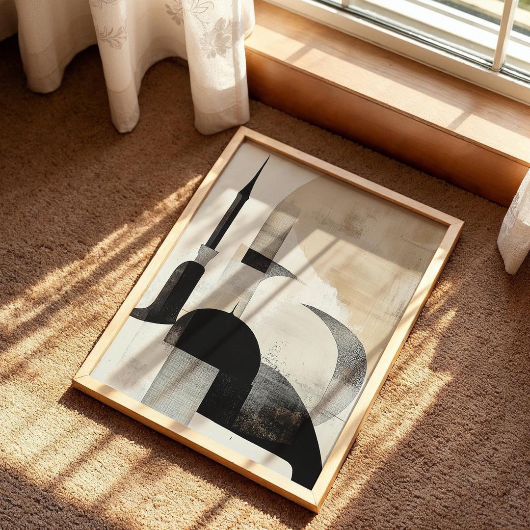 Close-up of beige and black mosque design on premium art paper