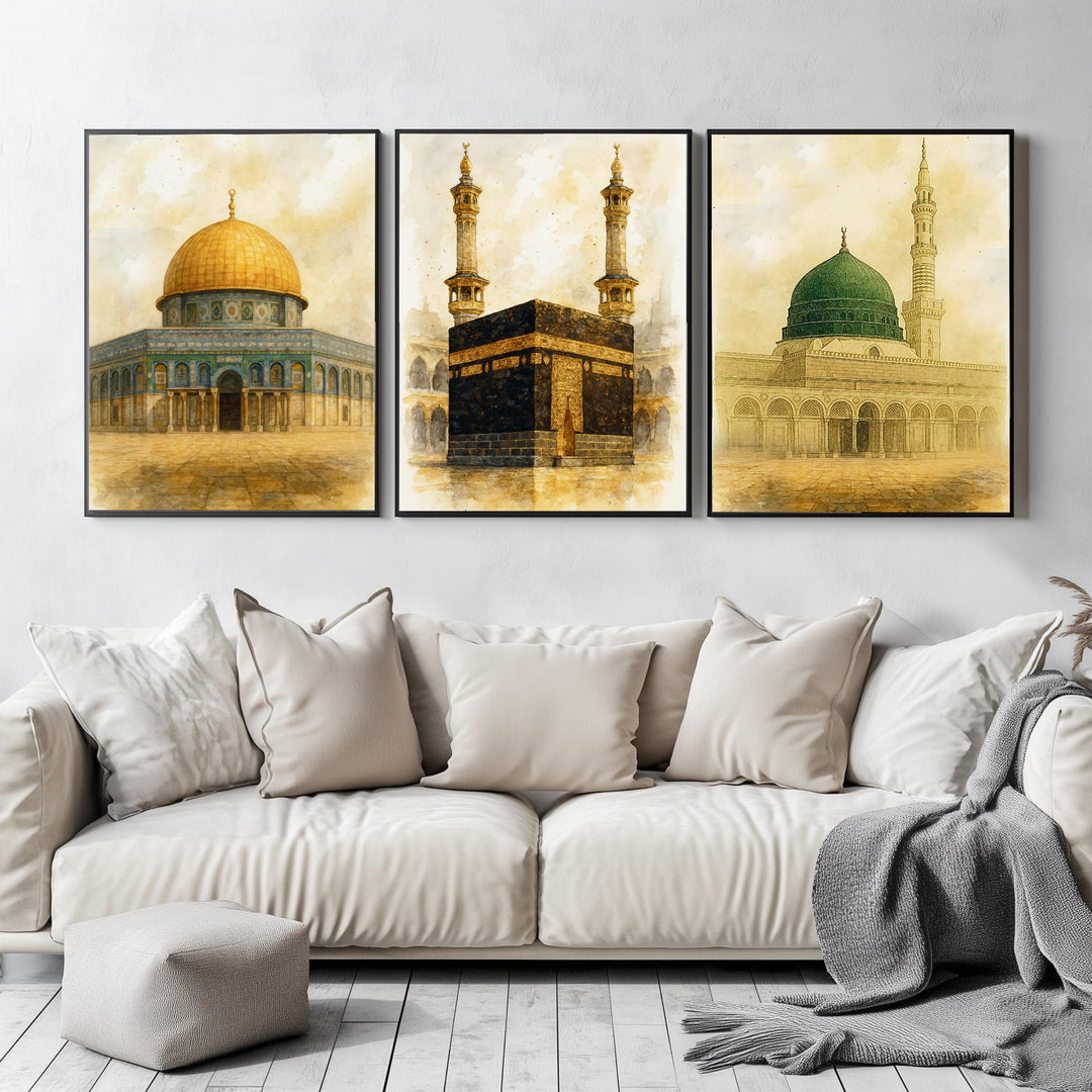 Soft-edged arches and domes across three canvases forming a single triptych