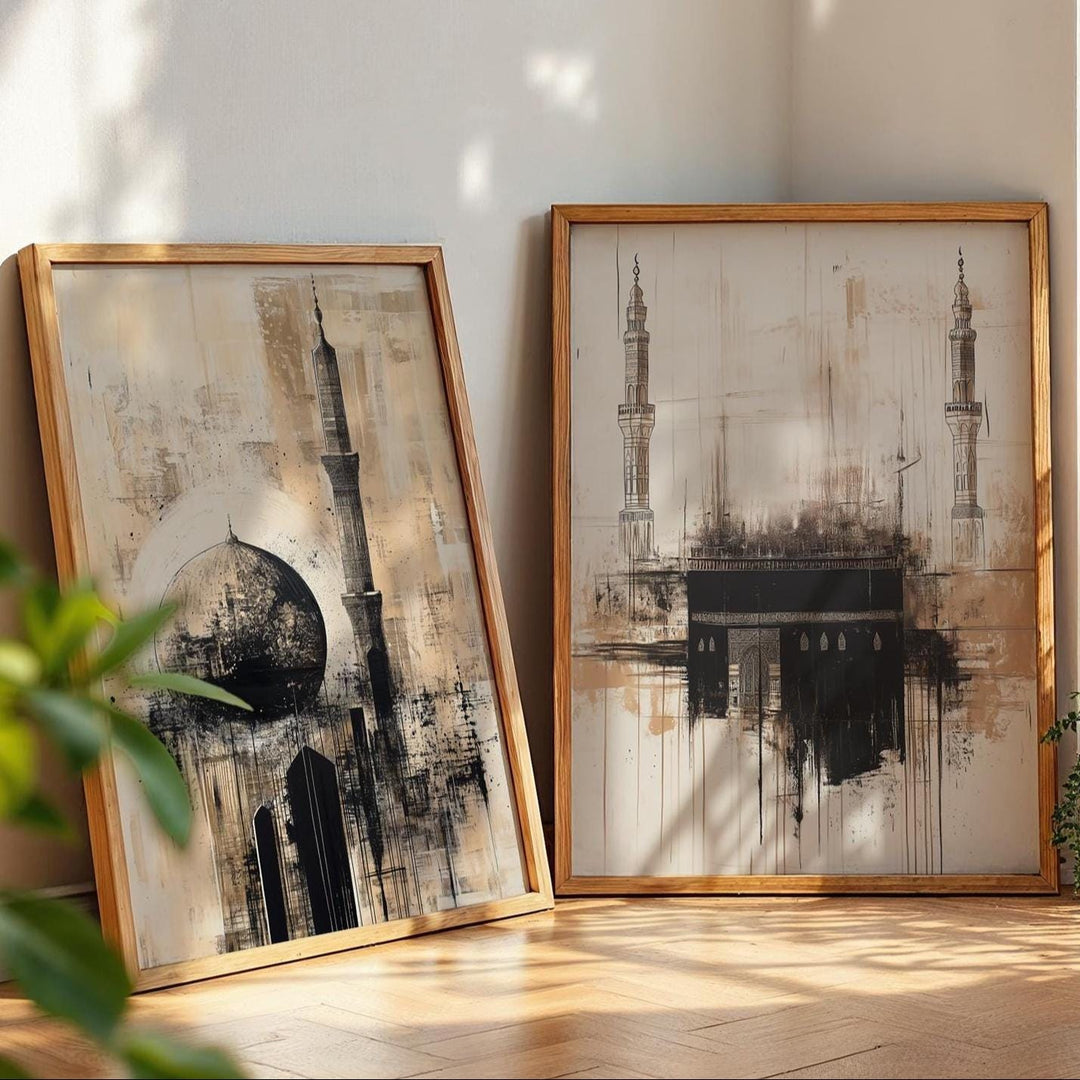 Ramadan wall art panel set featuring Kaaba and Masjid Nabawi in abstract design