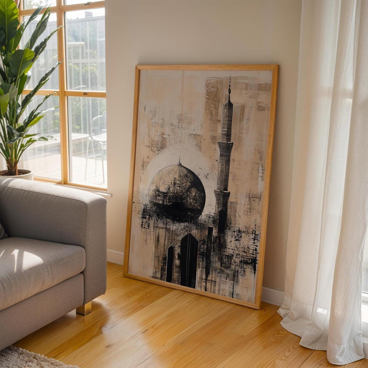 Kaaba artwork panel with soft geometric lines and gold accents