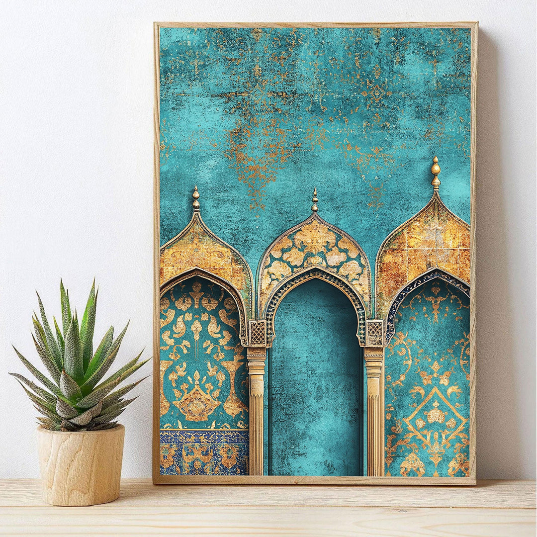 Close-up of turquoise and gold arabesque detailing in Islamic wall art