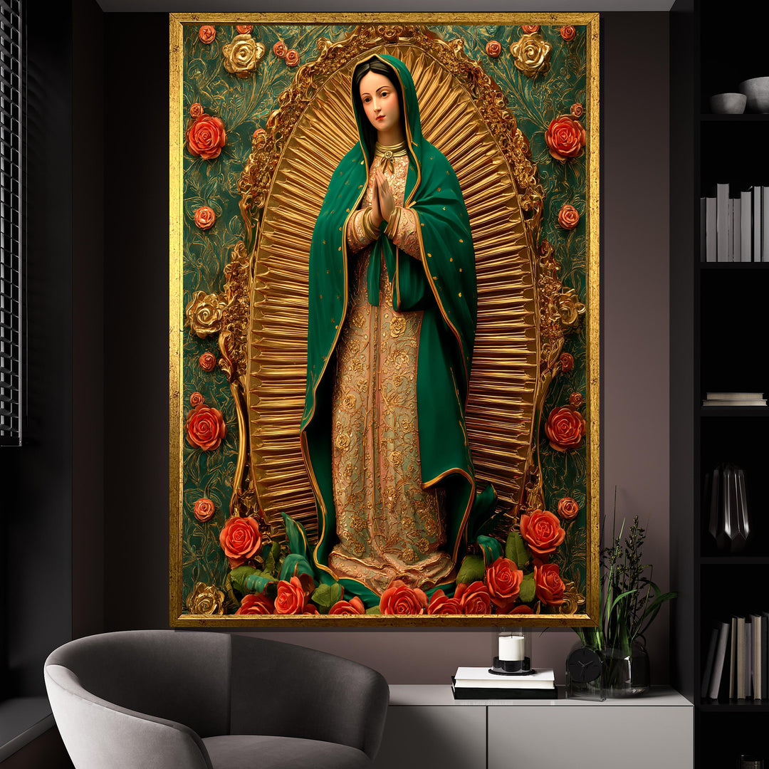 Virgin of Guadalupe canvas painting with roses, ready to hang