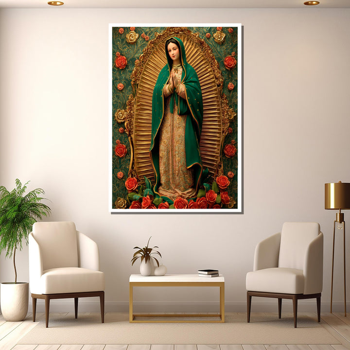 Decorative rose-toned Virgin of Guadalupe canvas artwork