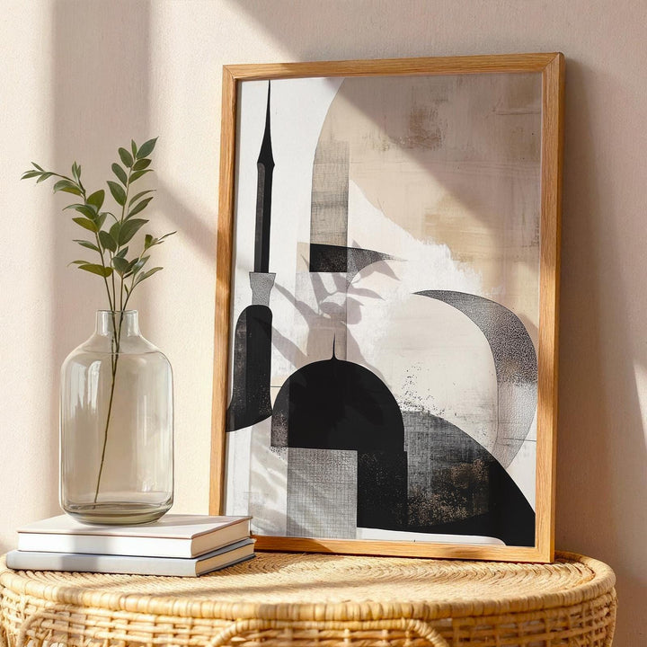 Abstract mosque art print in beige and black on neutral wall