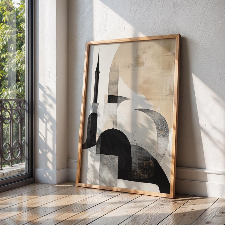 Beige and black Islamic wall art displayed in room setting