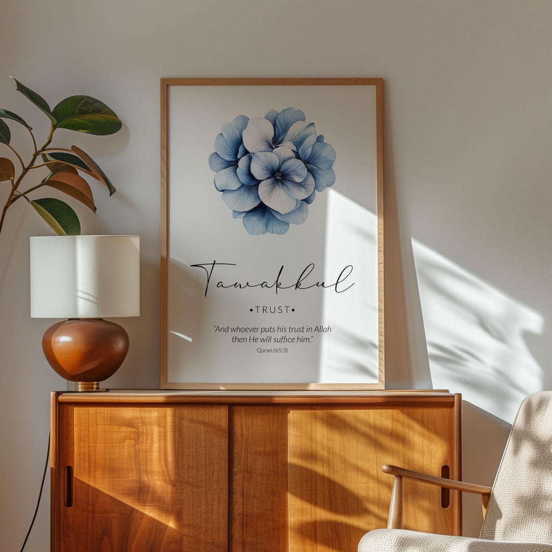 Living room setup with navy Tawakkul wall art