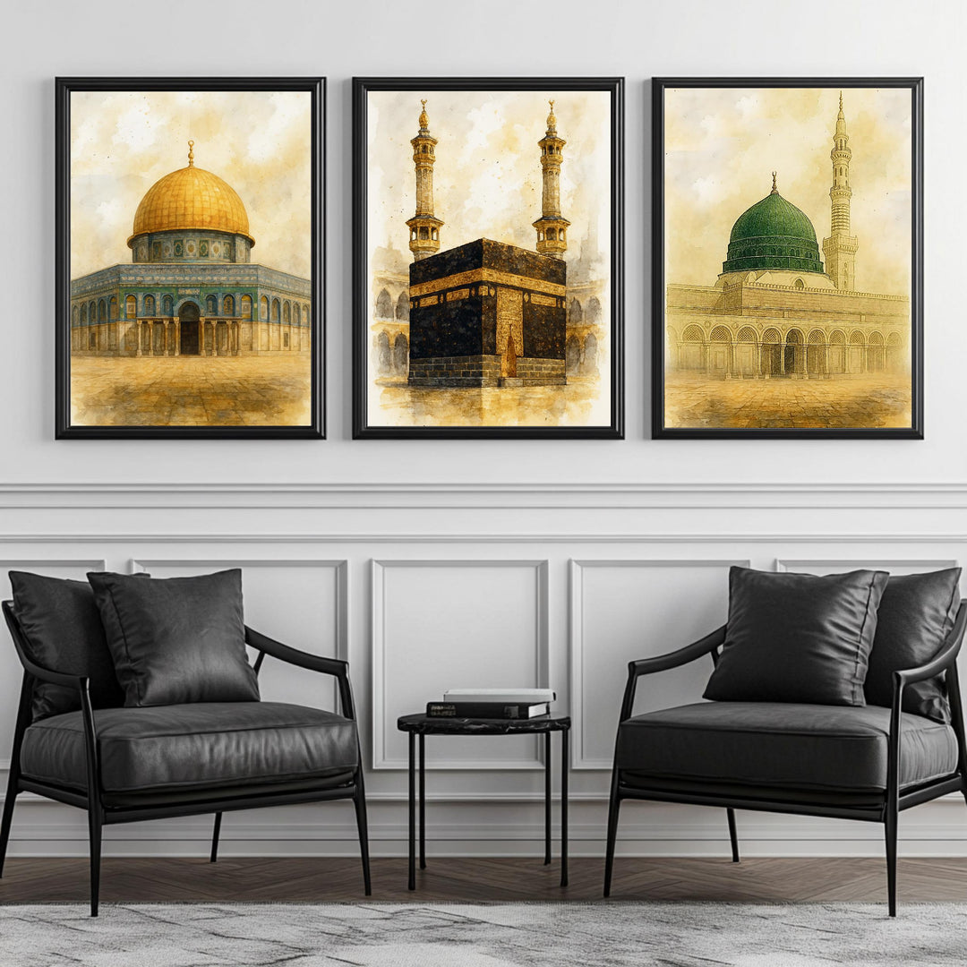 Coordinated sepia tones across the triptych, ideal for meditation corners or studies