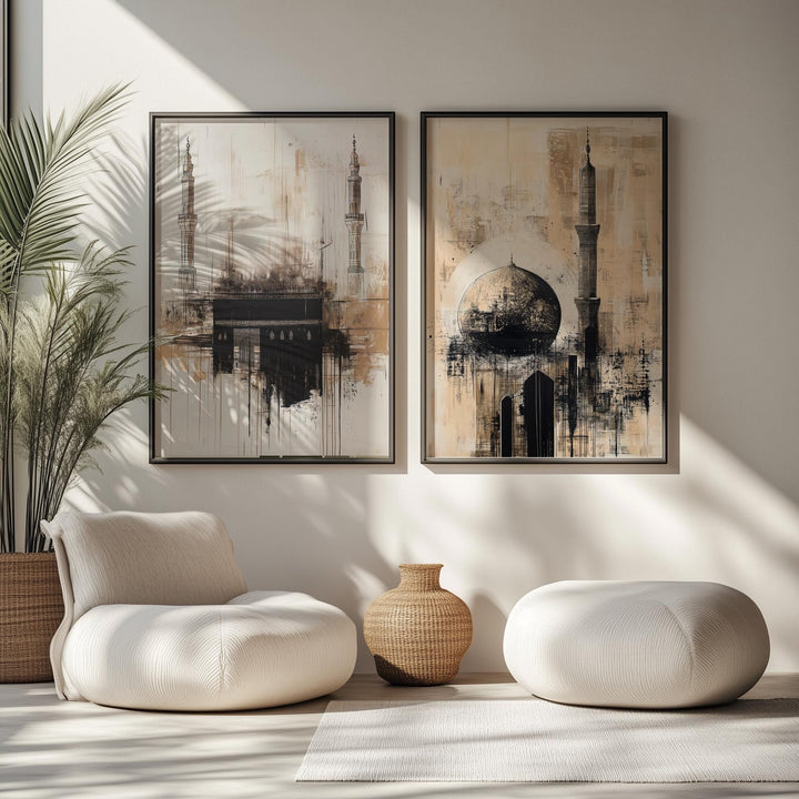 Close-up of Kaaba and Masjid Nabawi motif in warm abstract tones