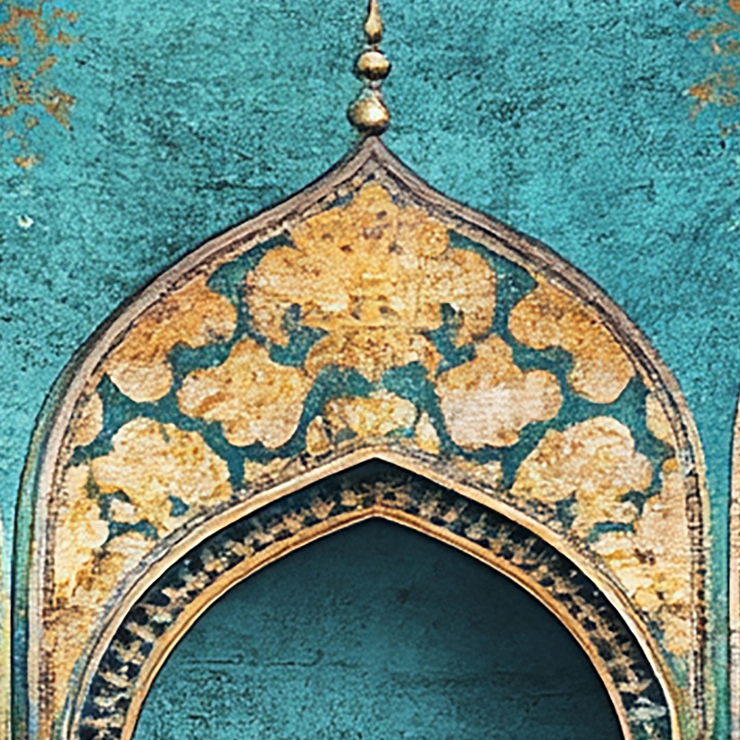 Close-up of gold metallic accents against turquoise background in Islamic art