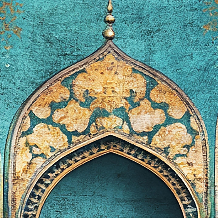 Close-up of gold metallic accents against turquoise background in Islamic art