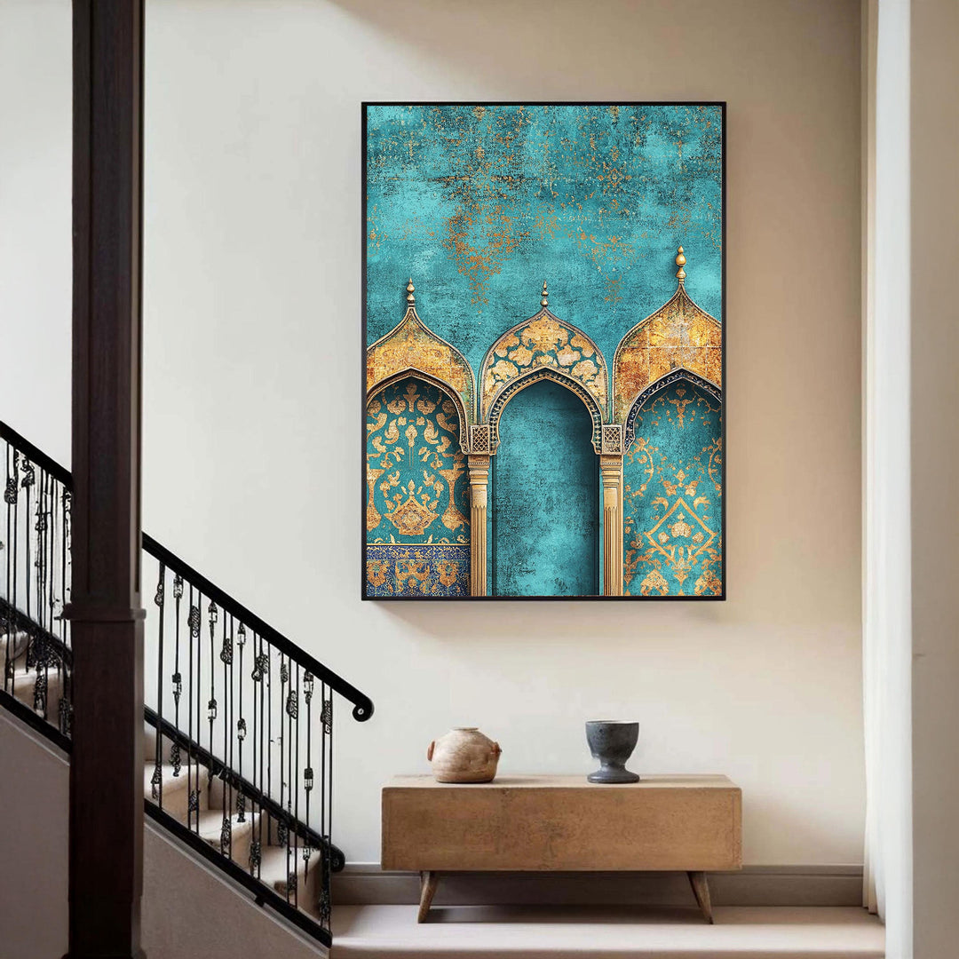 Gallery-wrapped canvas edge showing vibrant turquoise and gold Islamic design