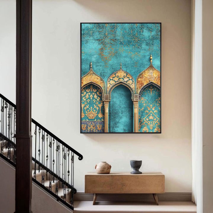 Gallery-wrapped canvas edge showing vibrant turquoise and gold Islamic design
