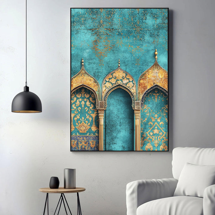 Full view of turquoise and gold Mughal-inspired Islamic wall painting