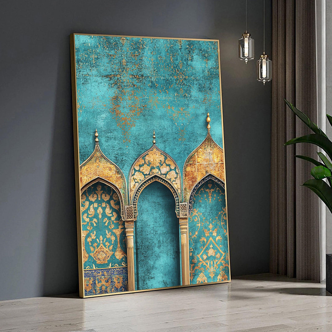 Intricate geometric arabesque pattern in turquoise and gold on canvas