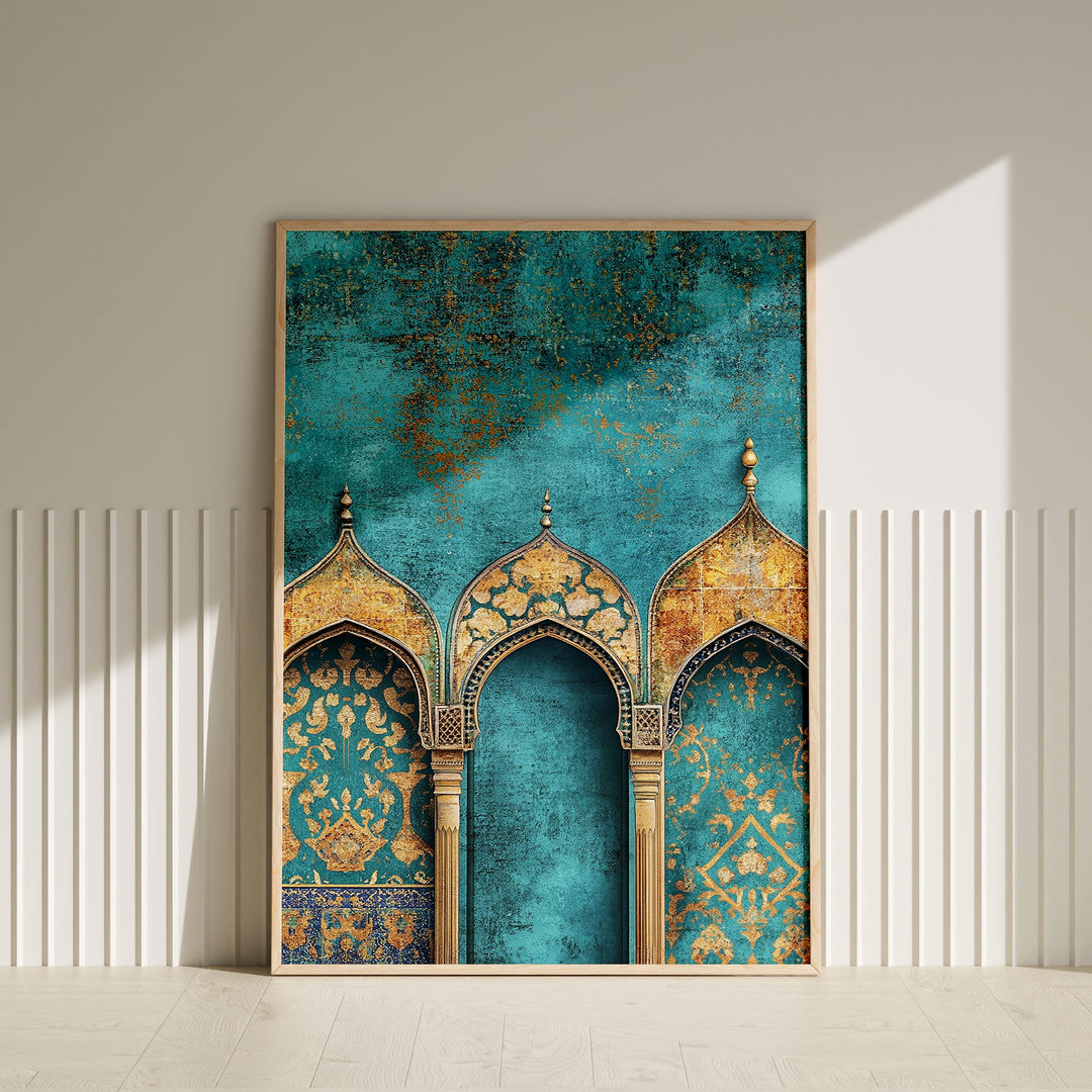 Golden Arch Islamic wall art with turquoise and gold Mughal motif on canvas