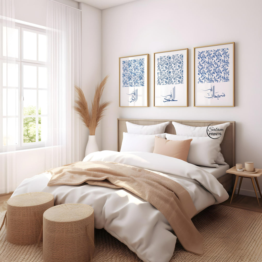 Modern Islamic wall art trio in blue and white tones