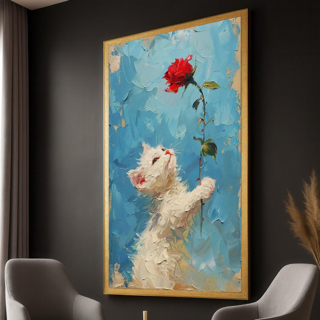 Impasto kitten canvas art with red rose on blue background, close-up