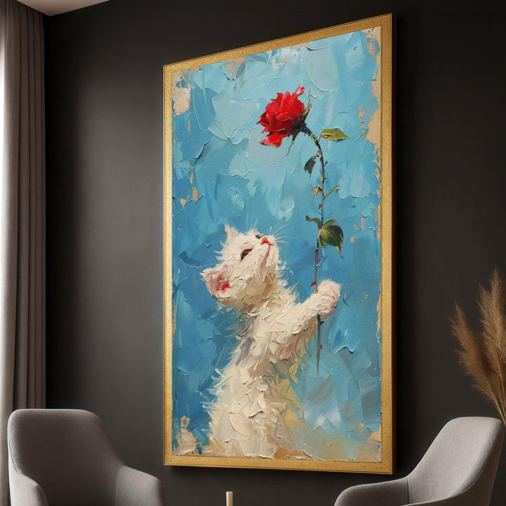 Impasto kitten canvas art close-up with red rose on blue background