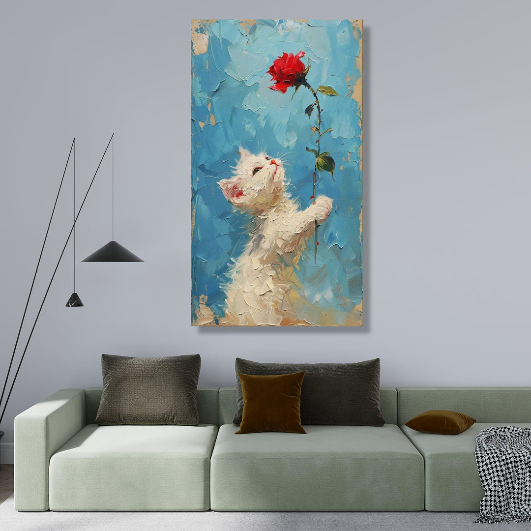 Decorative animal wall art: kitten and rose on blue backdrop