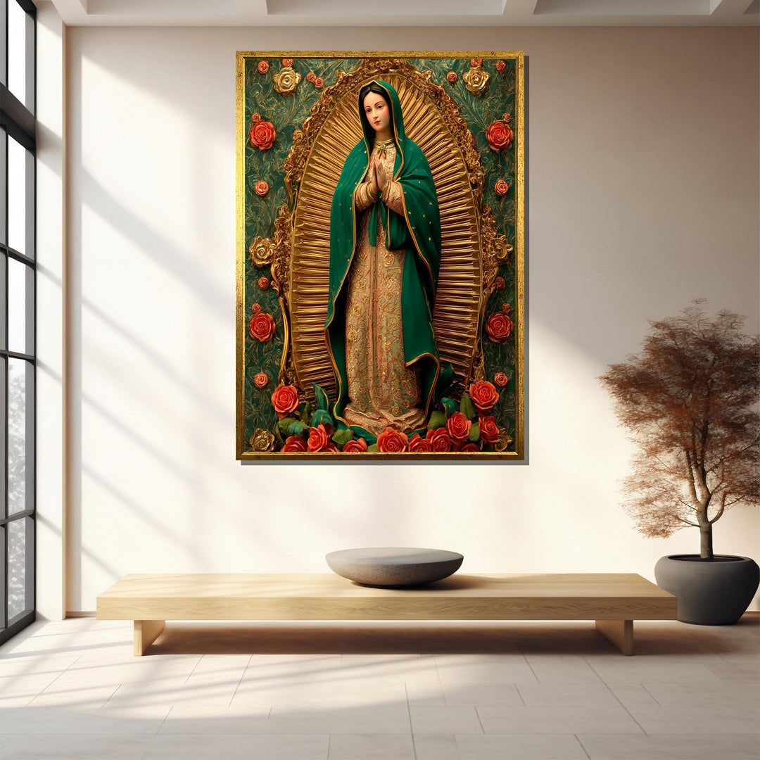 Close-up Virgin Mary depiction on canvas with rose accents