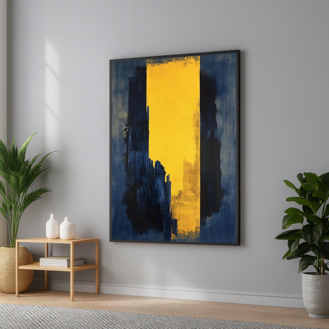 Navy blue and yellow abstract geometric canvas art, modern wall decor