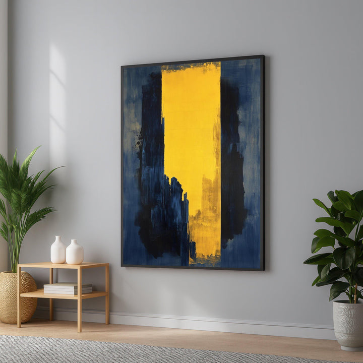 Navy blue and yellow abstract geometric canvas art, modern wall decor