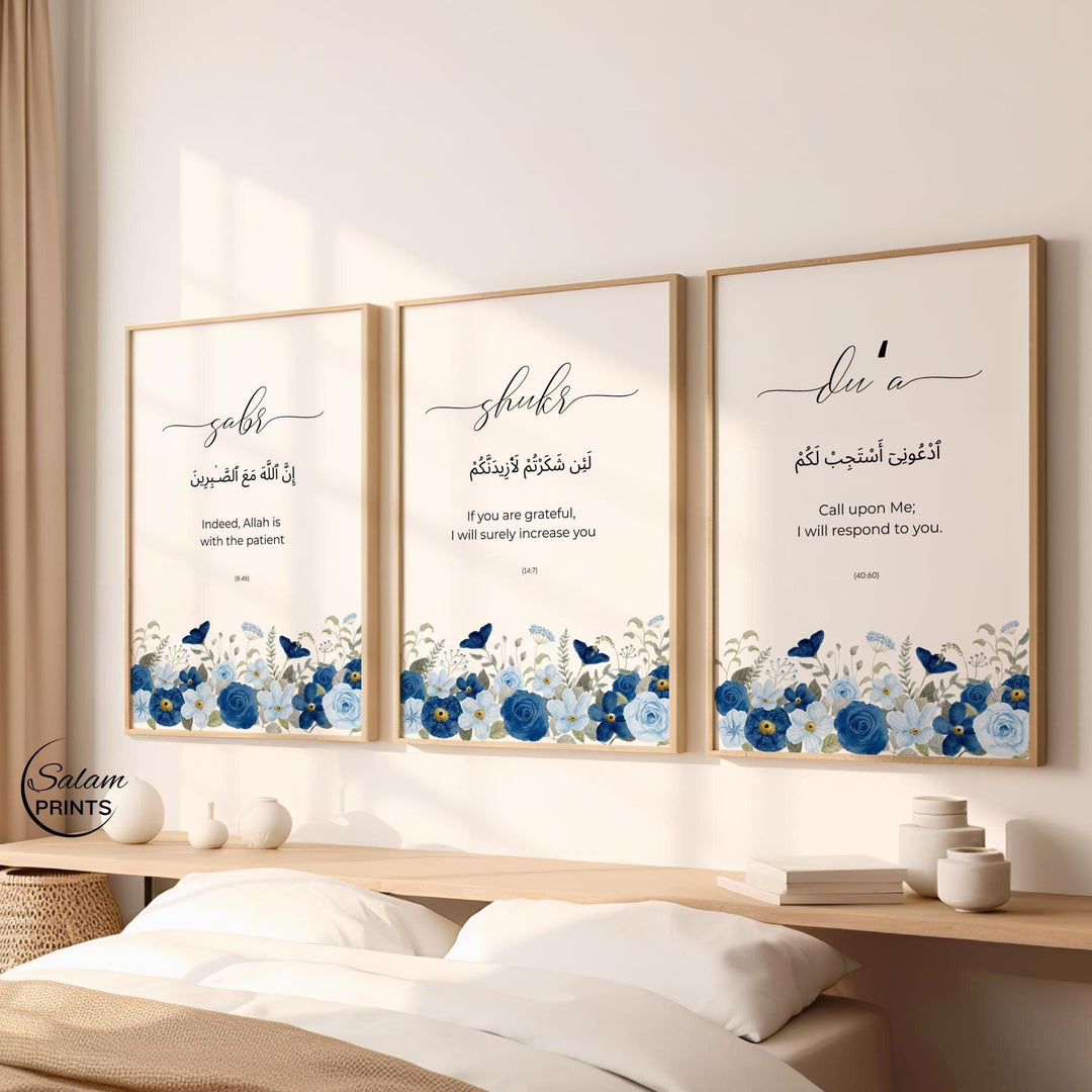 Navy blue Quran quote wall art trio with floral dhikr motif