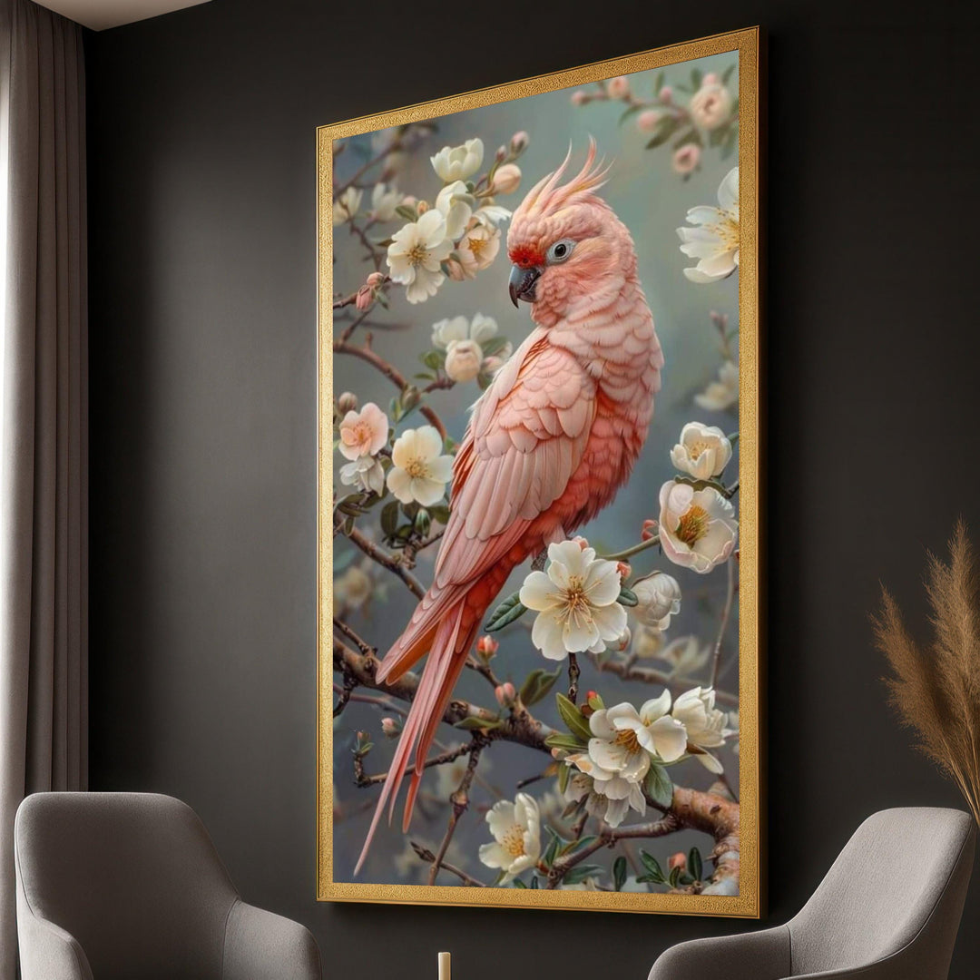 Pink cockatoo perched among tropical pink flowers on canvas wall art