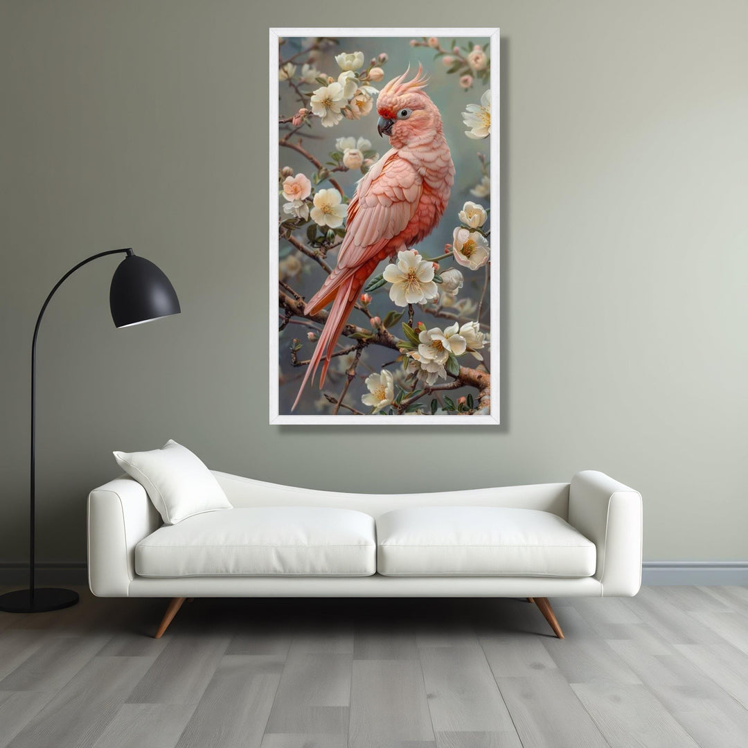 Tropical flora accents with a pink cockatoo focal point on canvas