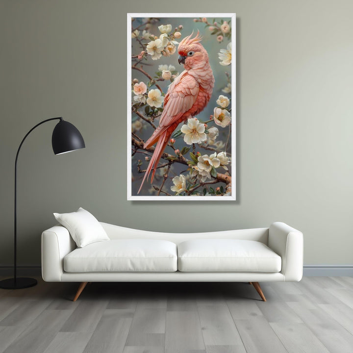 Tropical flora accents with a pink cockatoo focal point on canvas
